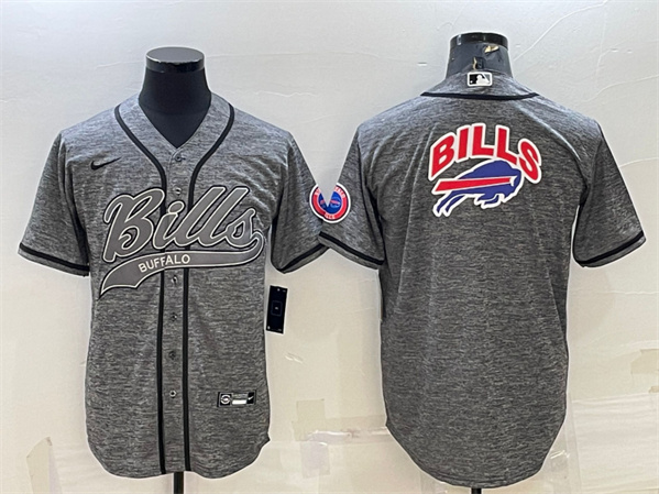 Men's Buffalo Bills Gray Team Big Logo With Patch Cool Base Stitched Baseball Jersey